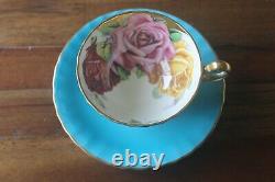 Aynsley Three Large Roses Red Pink Yellow Gold Turquoise Teacup Tea Cup saucer