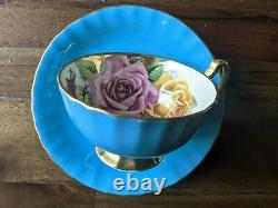Aynsley Three Large Roses Red Pink Yellow Gold Turquoise Teacup Tea Cup saucer