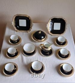 Aynsley/t Goode & Co Vtg Filigree Bone China Teaset Trios Blk/gold Rare Find