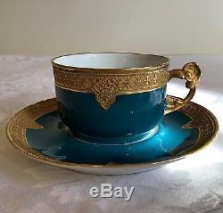 Barny & Rigoni Limoges France Teal Gold Encusted Cup & Saucer c. 1890