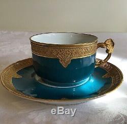 Barny & Rigoni Limoges France Teal Gold Encusted Cup & Saucer c. 1890