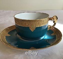 Barny & Rigoni Limoges France Teal Gold Encusted Cup & Saucer c. 1890