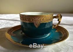 Barny & Rigoni Limoges France Teal Gold Encusted Cup & Saucer c. 1890