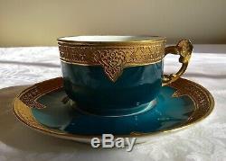 Barny & Rigoni Limoges France Teal Gold Encusted Cup & Saucer c. 1890