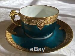 Barny & Rigoni Limoges France Teal Gold Encusted Cup & Saucer c. 1890