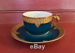 Barny & Rigoni Limoges France Teal Gold Encusted Cup & Saucer c. 1890