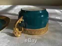 Barny & Rigoni Limoges France Teal Gold Encusted Cup & Saucer c. 1890