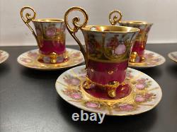 Bavaria Alt Wien Courting Couple Footed Coffee Cup Saucer & Plate Set Red & Gold