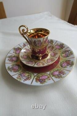 Bavaria Alt Wien Courting Couple Footed Small Cup Saucer & Plate Set Red & Gold