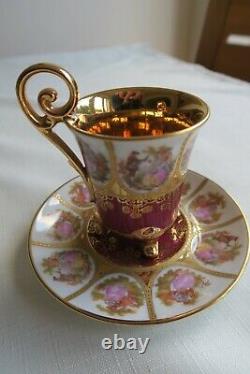 Bavaria Alt Wien Courting Couple Footed Small Cup Saucer & Plate Set Red & Gold