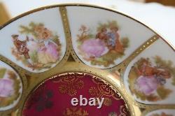 Bavaria Alt Wien Courting Couple Footed Small Cup Saucer & Plate Set Red & Gold