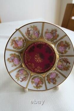 Bavaria Alt Wien Courting Couple Footed Small Cup Saucer & Plate Set Red & Gold