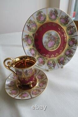 Bavaria Alt Wien Courting Couple Footed Small Cup Saucer & Plate Set Red & Gold