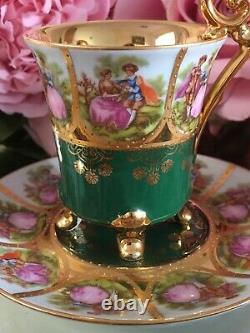 Bavaria Alt Wien Courting Couple Footed Small Cup Saucer Set Green Gold