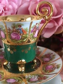 Bavaria Alt Wien Courting Couple Footed Small Cup Saucer Set Green Gold