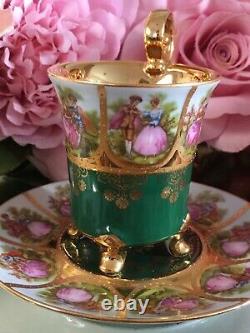 Bavaria Alt Wien Courting Couple Footed Small Cup Saucer Set Green Gold