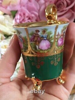 Bavaria Alt Wien Courting Couple Footed Small Cup Saucer Set Green Gold