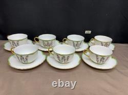 Bavaria PINK ROSES Green / Gold Rim Set of 7 Cups & Saucers 2 1/4 Tall
