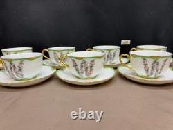 Bavaria PINK ROSES Green / Gold Rim Set of 7 Cups & Saucers 2 1/4 Tall