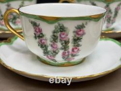 Bavaria PINK ROSES Green / Gold Rim Set of 7 Cups & Saucers 2 1/4 Tall