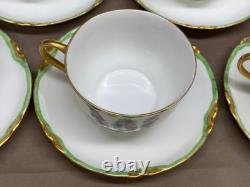 Bavaria PINK ROSES Green / Gold Rim Set of 7 Cups & Saucers 2 1/4 Tall
