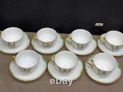 Bavaria PINK ROSES Green / Gold Rim Set of 7 Cups & Saucers 2 1/4 Tall