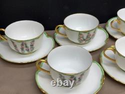 Bavaria PINK ROSES Green / Gold Rim Set of 7 Cups & Saucers 2 1/4 Tall