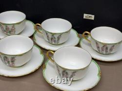 Bavaria PINK ROSES Green / Gold Rim Set of 7 Cups & Saucers 2 1/4 Tall