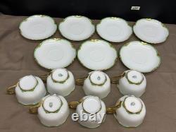 Bavaria PINK ROSES Green / Gold Rim Set of 7 Cups & Saucers 2 1/4 Tall