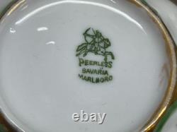 Bavaria PINK ROSES Green / Gold Rim Set of 7 Cups & Saucers 2 1/4 Tall