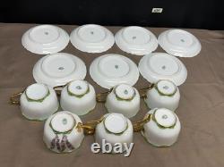 Bavaria PINK ROSES Green / Gold Rim Set of 7 Cups & Saucers 2 1/4 Tall
