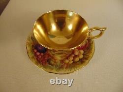 Beautiful Aynsley Gold Fruit Orchard Footed Tea Cup Saucer Signed D Jones 1930s