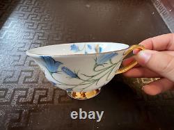 Beautiful Czech Versace vintage tea set Blue White gold- floral wide rim GIFT