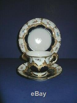 Beautiful Meissen B Form Opulant Gold, Cobalt & Floral Tea Cup & Saucer Trio