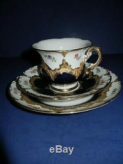 Beautiful Meissen B Form Opulant Gold, Cobalt & Floral Tea Cup & Saucer Trio