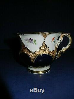 Beautiful Meissen B Form Opulant Gold, Cobalt & Floral Tea Cup & Saucer Trio