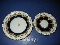 Beautiful Meissen B Form Opulant Gold, Cobalt & Floral Tea Cup & Saucer Trio