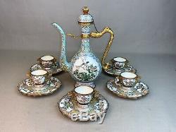 Beijing Canton Enamel Cloisonne Ewer 6 Cups Saucers Gold Gilt On Copper Chinese