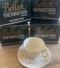 Belleek Pink And Gold Lace Pattern Cup And Saucers Set Of 4
