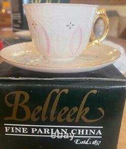 Belleek Pink And Gold Lace Pattern Cup And Saucers Set Of 4