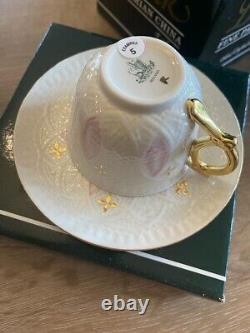 Belleek Pink And Gold Lace Pattern Cup And Saucers Set Of 4