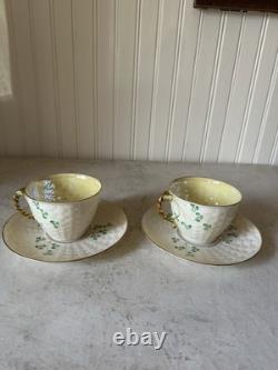Belleek Shamrock Basketweave Gold Trim Rim Cups & Saucers Set Of 2 6th Mark Belleek Shamrock Basketweave Gold Trim Rim Cups & Saucers Set Of 2 6th Mark