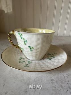 Belleek Shamrock Basketweave Gold Trim Rim Cups & Saucers Set Of 2 6th Mark