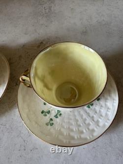 Belleek Shamrock Basketweave Gold Trim Rim Cups & Saucers Set Of 2 6th Mark