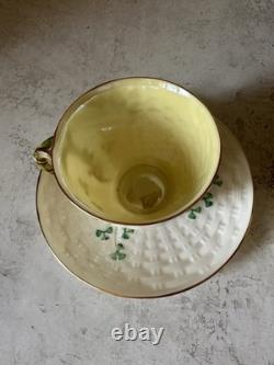 Belleek Shamrock Basketweave Gold Trim Rim Cups & Saucers Set Of 2 6th Mark