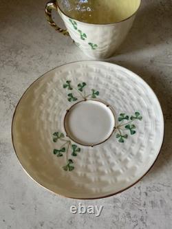 Belleek Shamrock Basketweave Gold Trim Rim Cups & Saucers Set Of 2 6th Mark