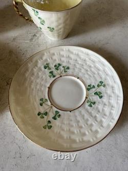 Belleek Shamrock Basketweave Gold Trim Rim Cups & Saucers Set Of 2 6th Mark