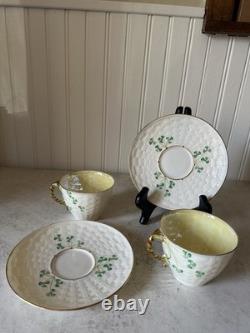 Belleek Shamrock Basketweave Gold Trim Rim Cups & Saucers Set Of 2 6th Mark