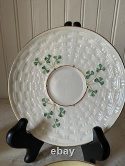 Belleek Shamrock Basketweave Gold Trim Rim Cups & Saucers Set Of 2 6th Mark