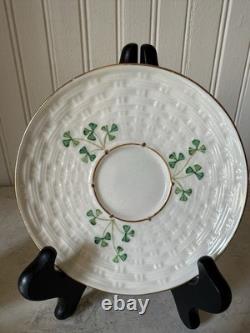 Belleek Shamrock Basketweave Gold Trim Rim Cups & Saucers Set Of 2 6th Mark